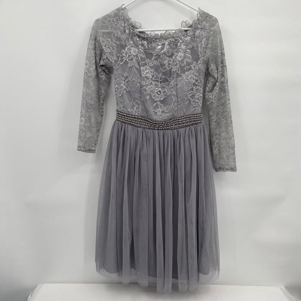 Little Mistress Lace Top Gray Silver Long Sleeve Knee Length Dress US 2